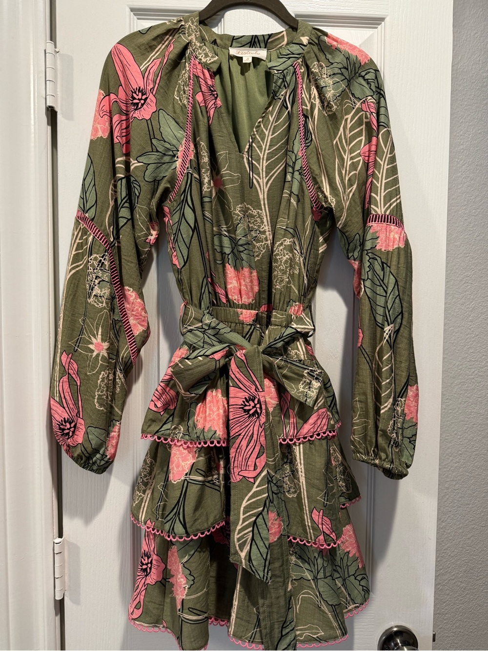 Listicle Olive Green and Pink Floral Tiered Long Sleeve Dress